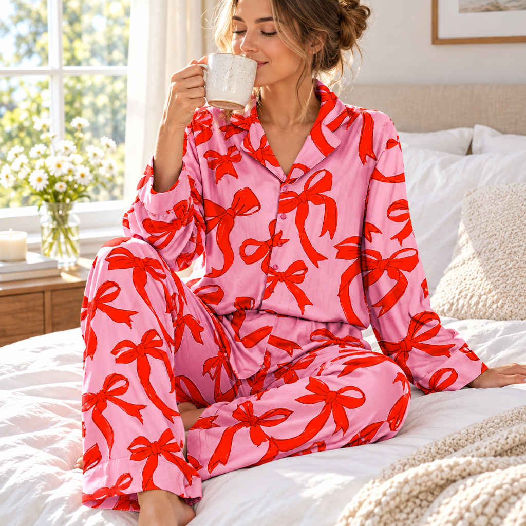 A young woman wearing the bow print button-up pajama set sipping coffee by a sunny bedroom window