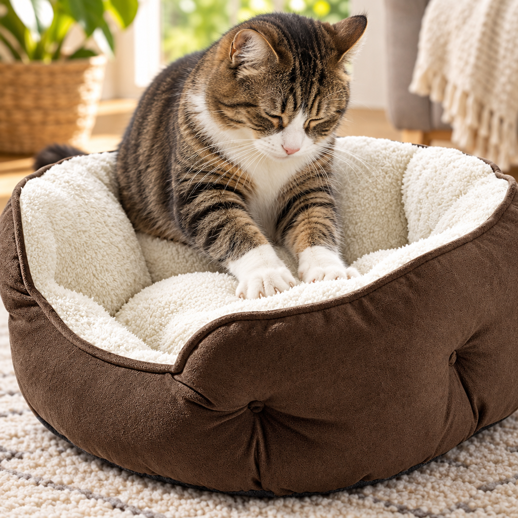 Close-up of a cat kneading the soft sherpa fleece of the round pet bed