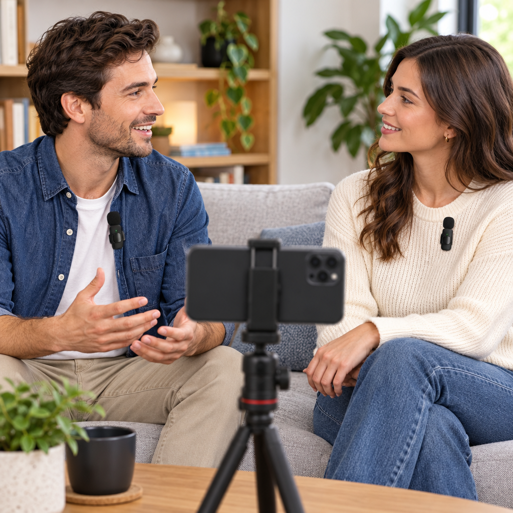 Two people recording an interview-style video on a couch, each wearing a wireless lavalier mic