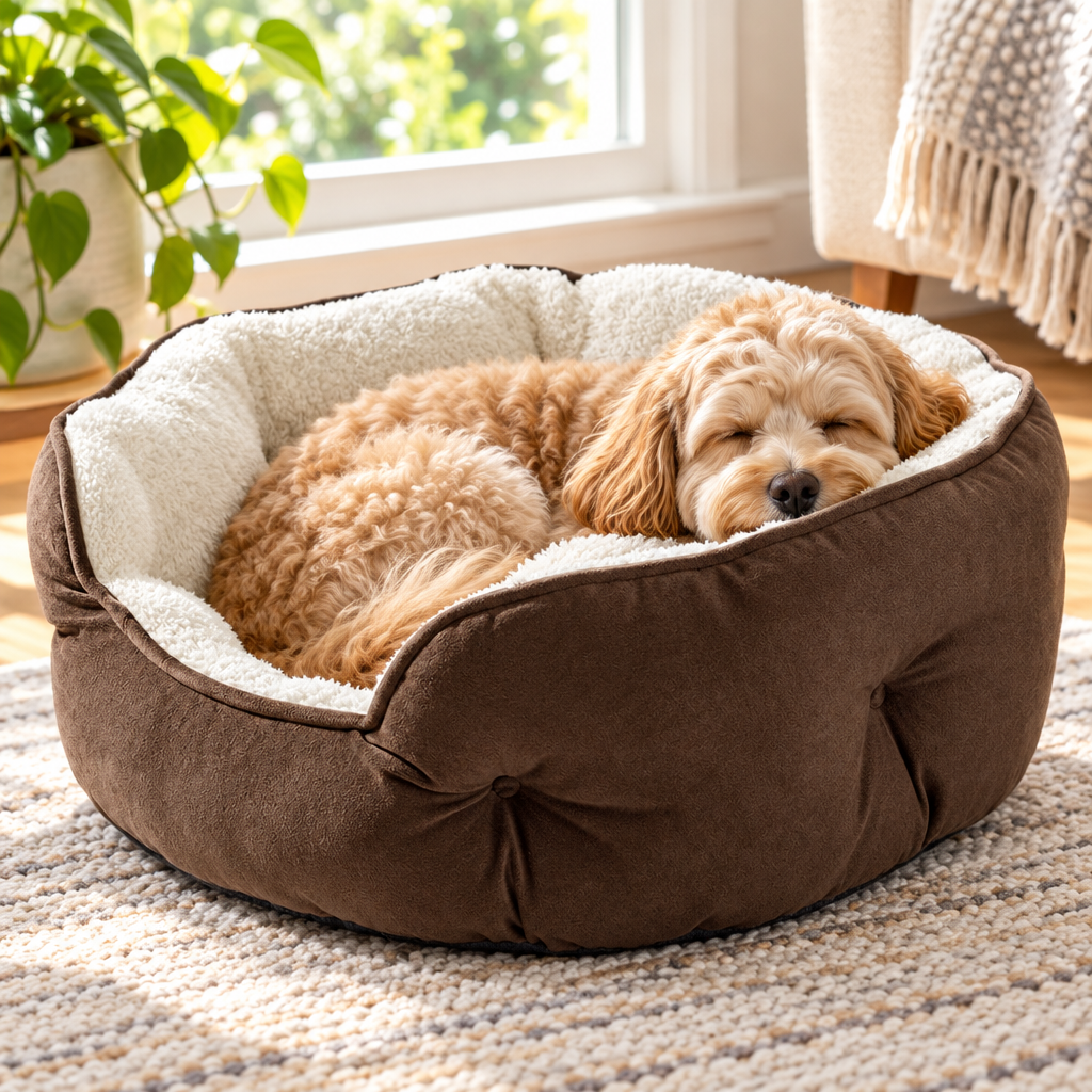 A small fluffy dog curled up asleep in the round sherpa pet bed by a sunny window