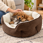 A kitten and a small puppy cuddled together in the round sherpa pet bed in a cozy living room