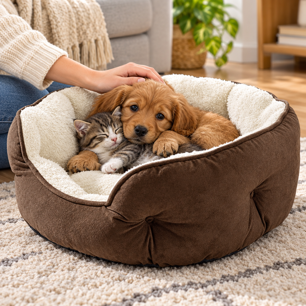 A kitten and a small puppy cuddled together in the round sherpa pet bed in a cozy living room