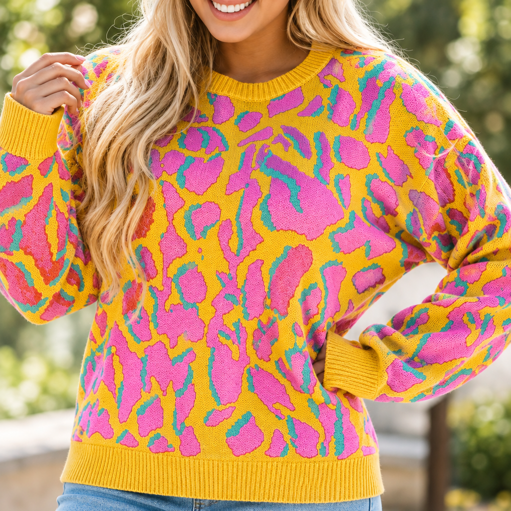 Close-up of the bold abstract knit print and ribbed cuffs of the oversized sweater