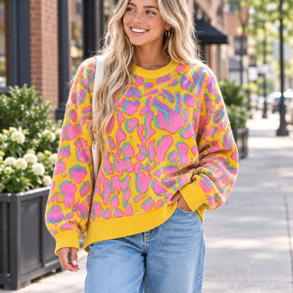 A young woman wearing the abstract print oversized sweater in a trendy city setting