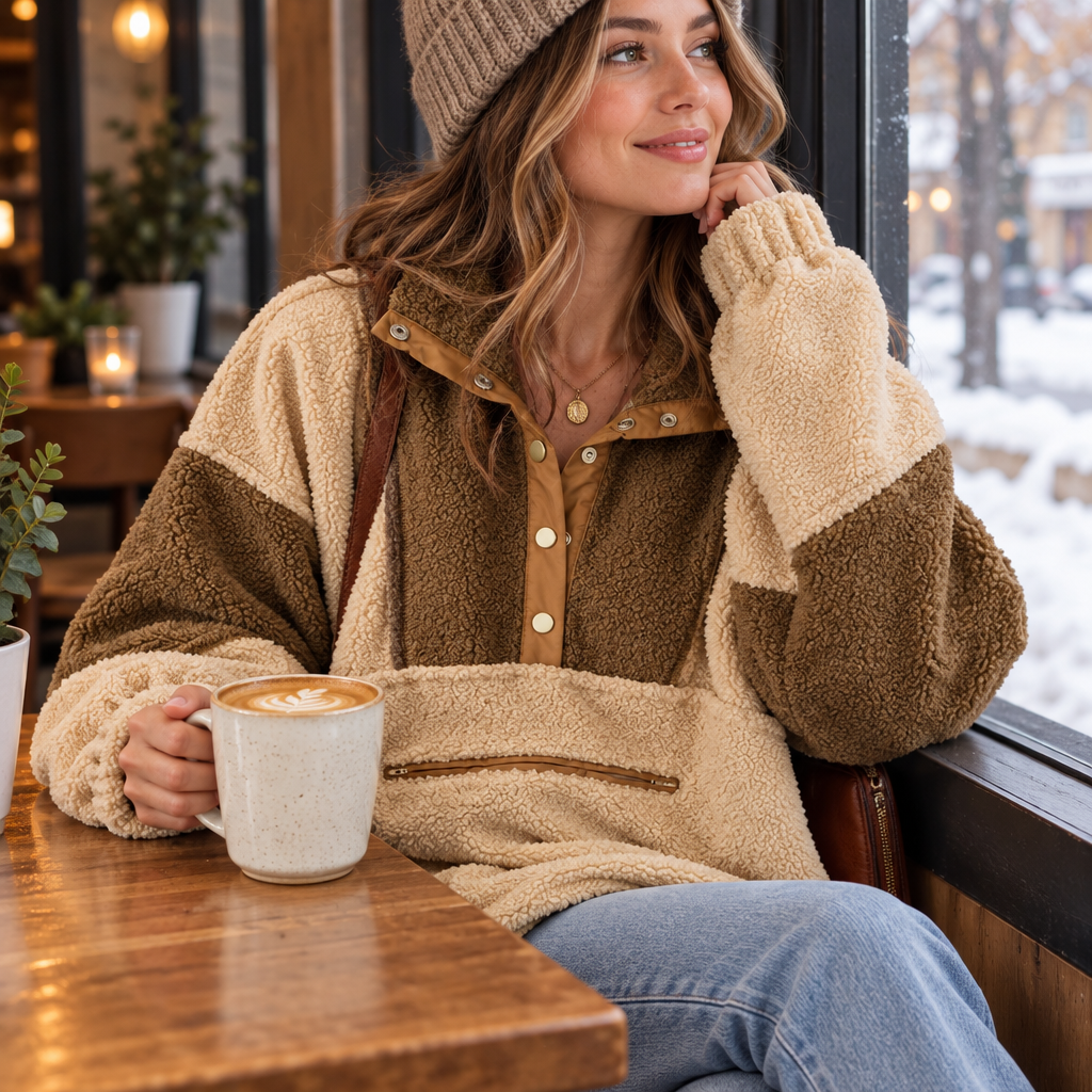 A woman in the color block sherpa sweatshirt sitting at a cozy cafe window with a latte