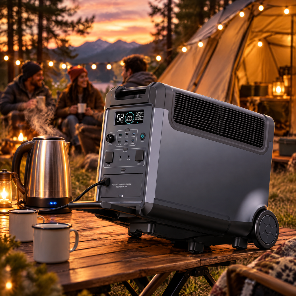 Portable power station at a campsite