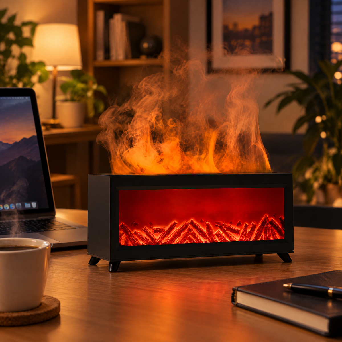 Flame-effect humidifier on an office desk