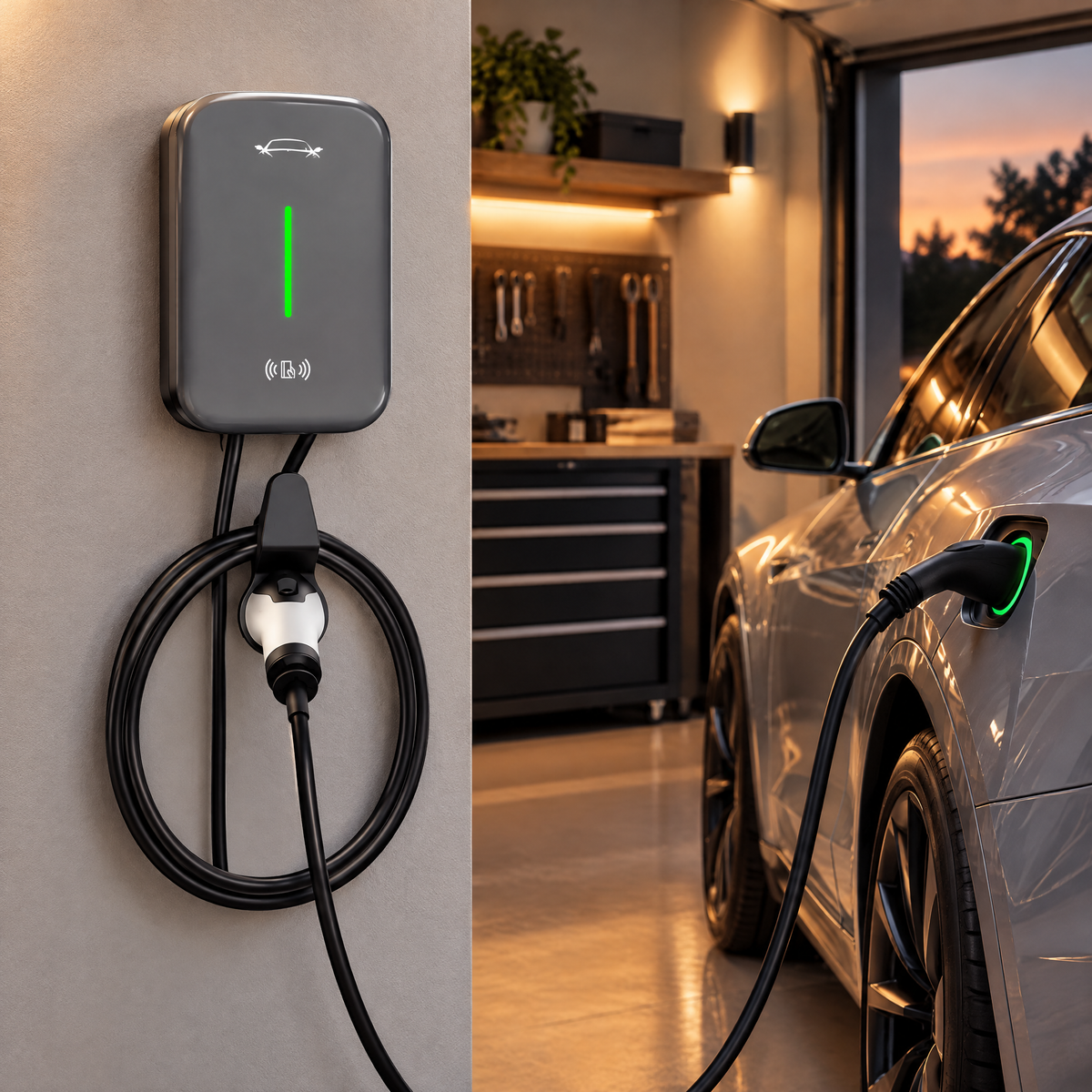 Wall-mounted EV charger charging a car in a garage