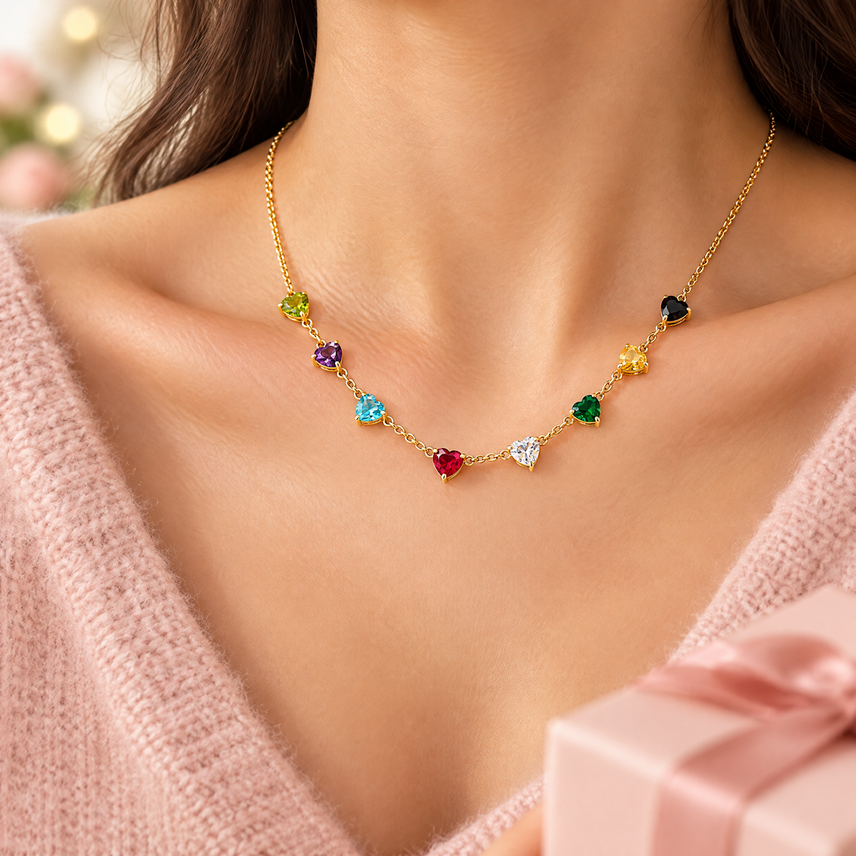 Heart link birthstone necklace worn