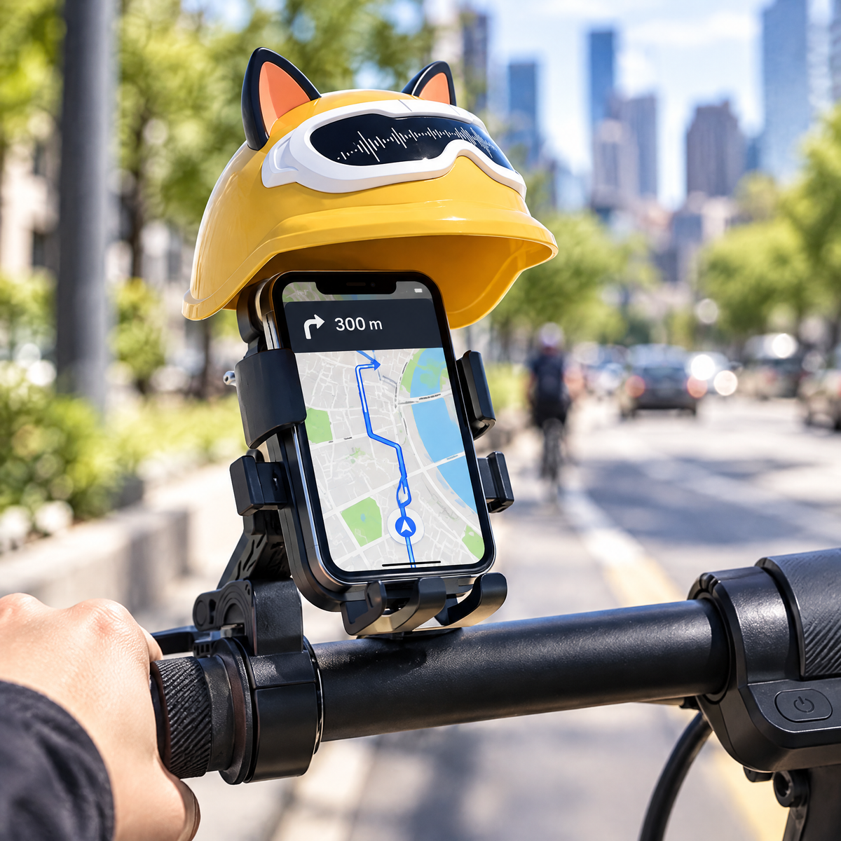 Phone holder with sunshade on a scooter handlebar