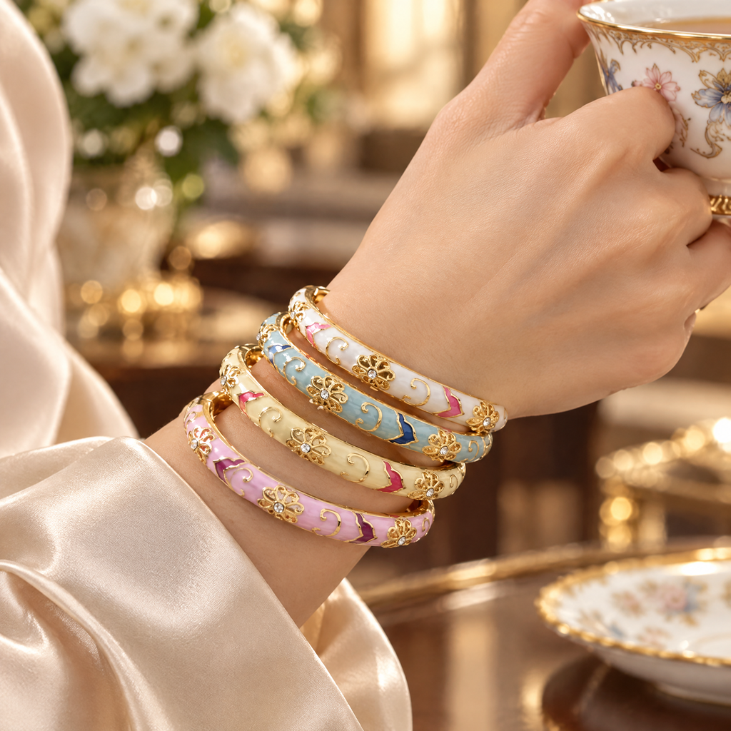 Enamel open bangle worn