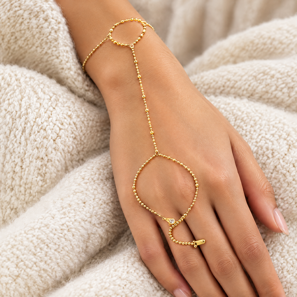 Bead hand chain bracelet ring worn