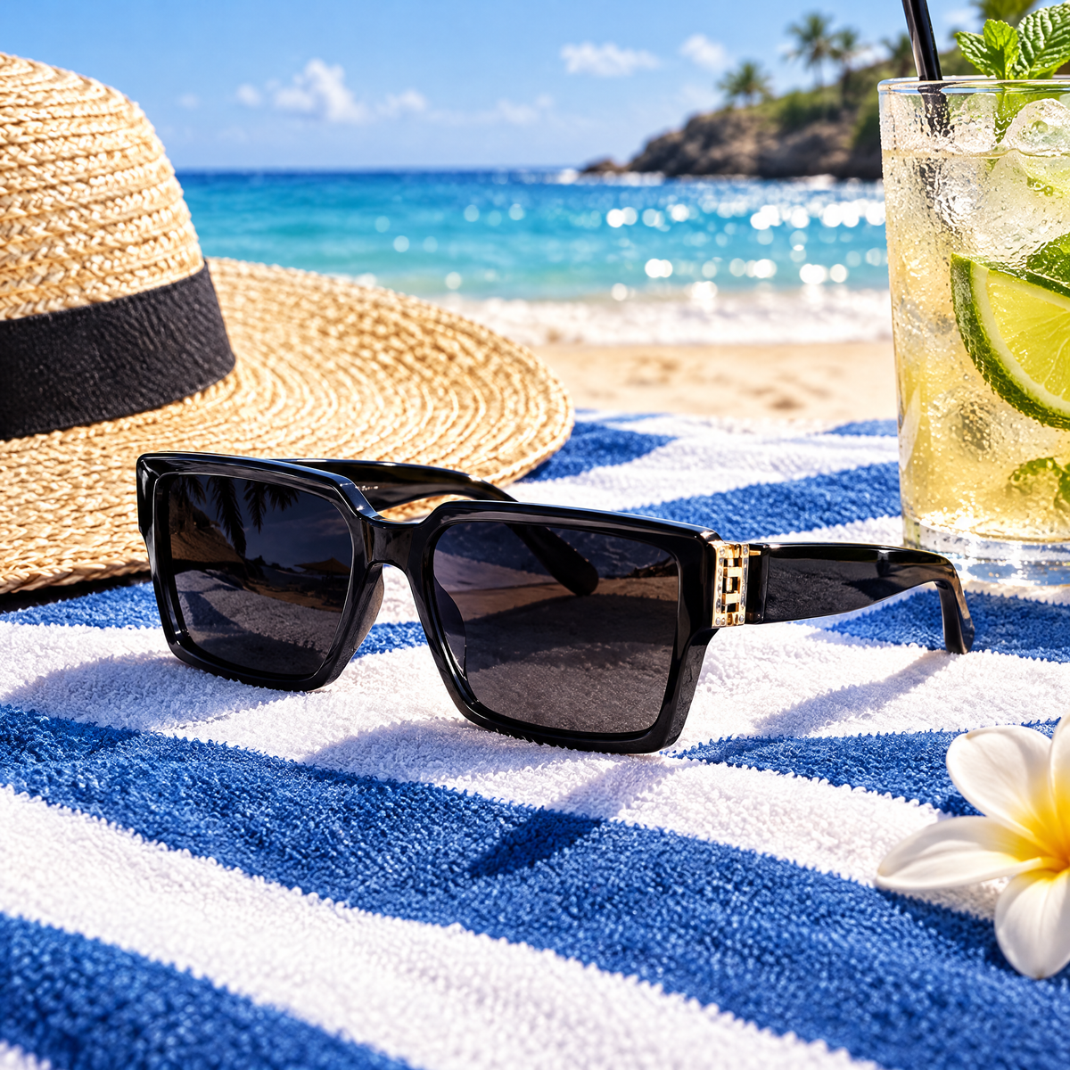 Oversized sunglasses styled at the beach