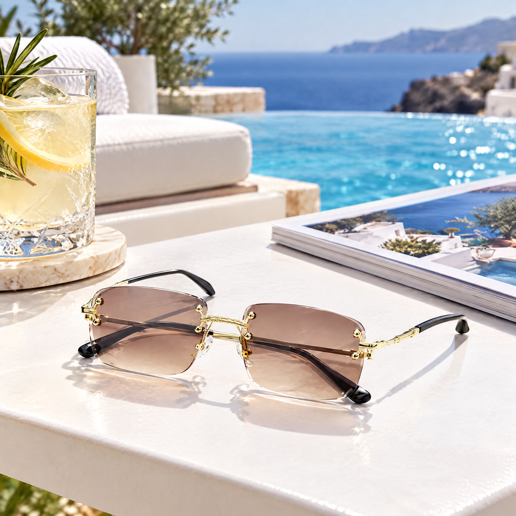 Gold rimless sunglasses styled poolside