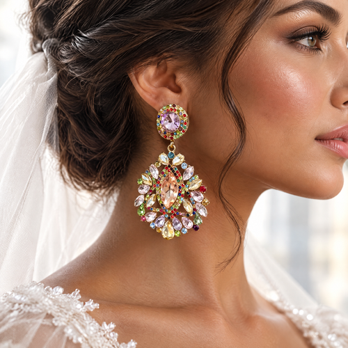 Crystal drop statement earrings worn by a bride