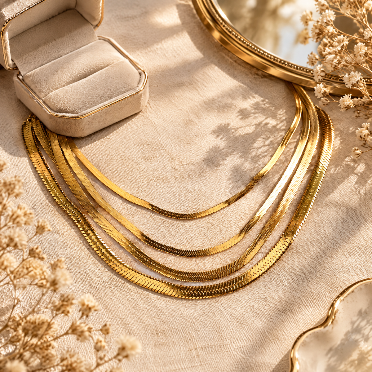 Herringbone chain necklace styled flat lay