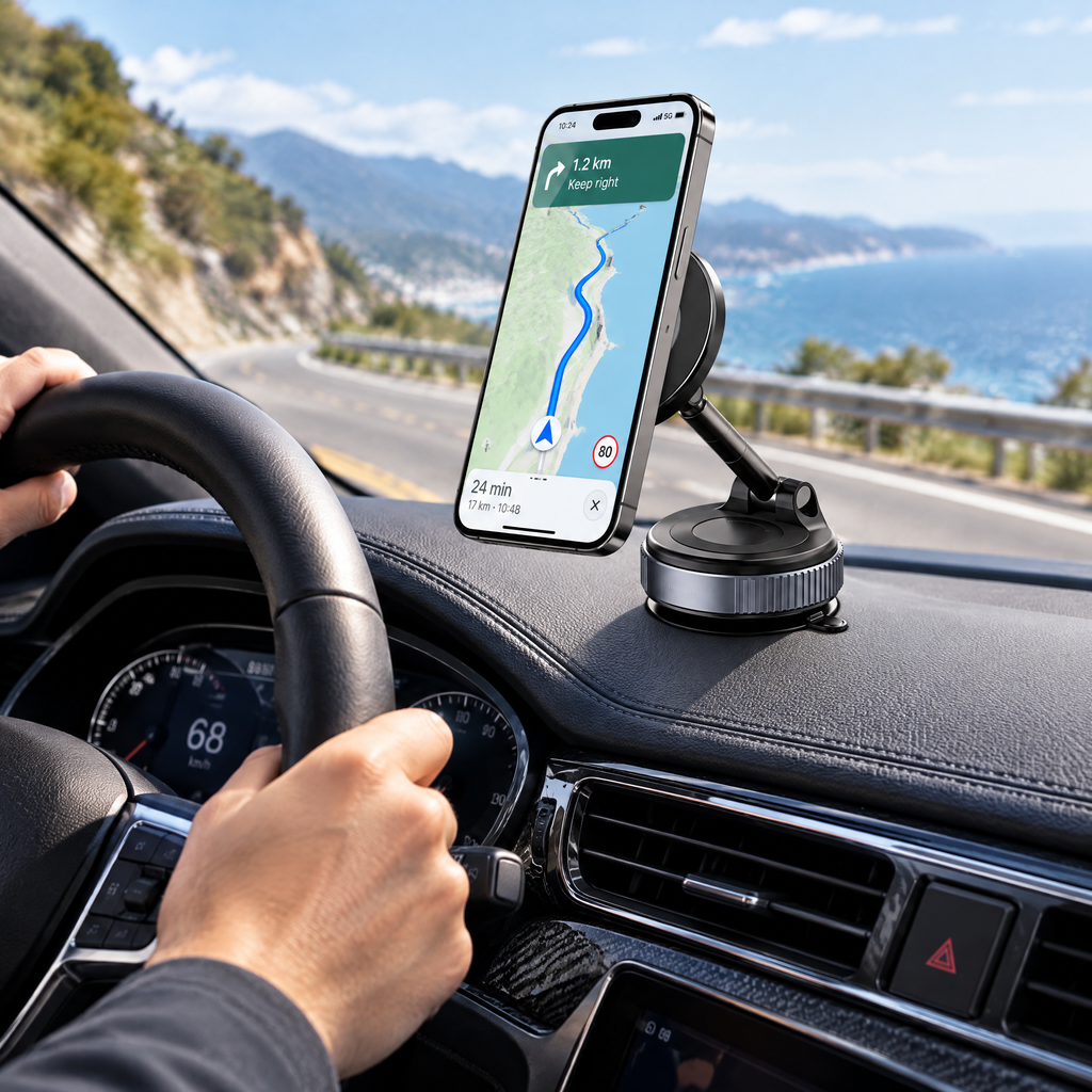 Magnetic car phone holder on a dashboard