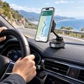 Magnetic car phone holder on a dashboard