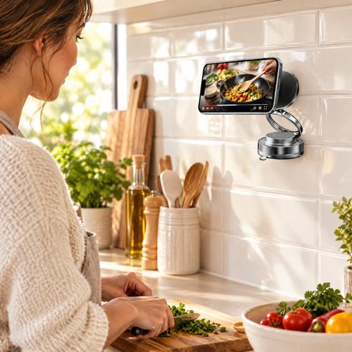 Suction magnetic phone holder in a kitchen