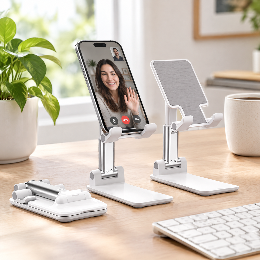 Foldable phone stand on a home office desk