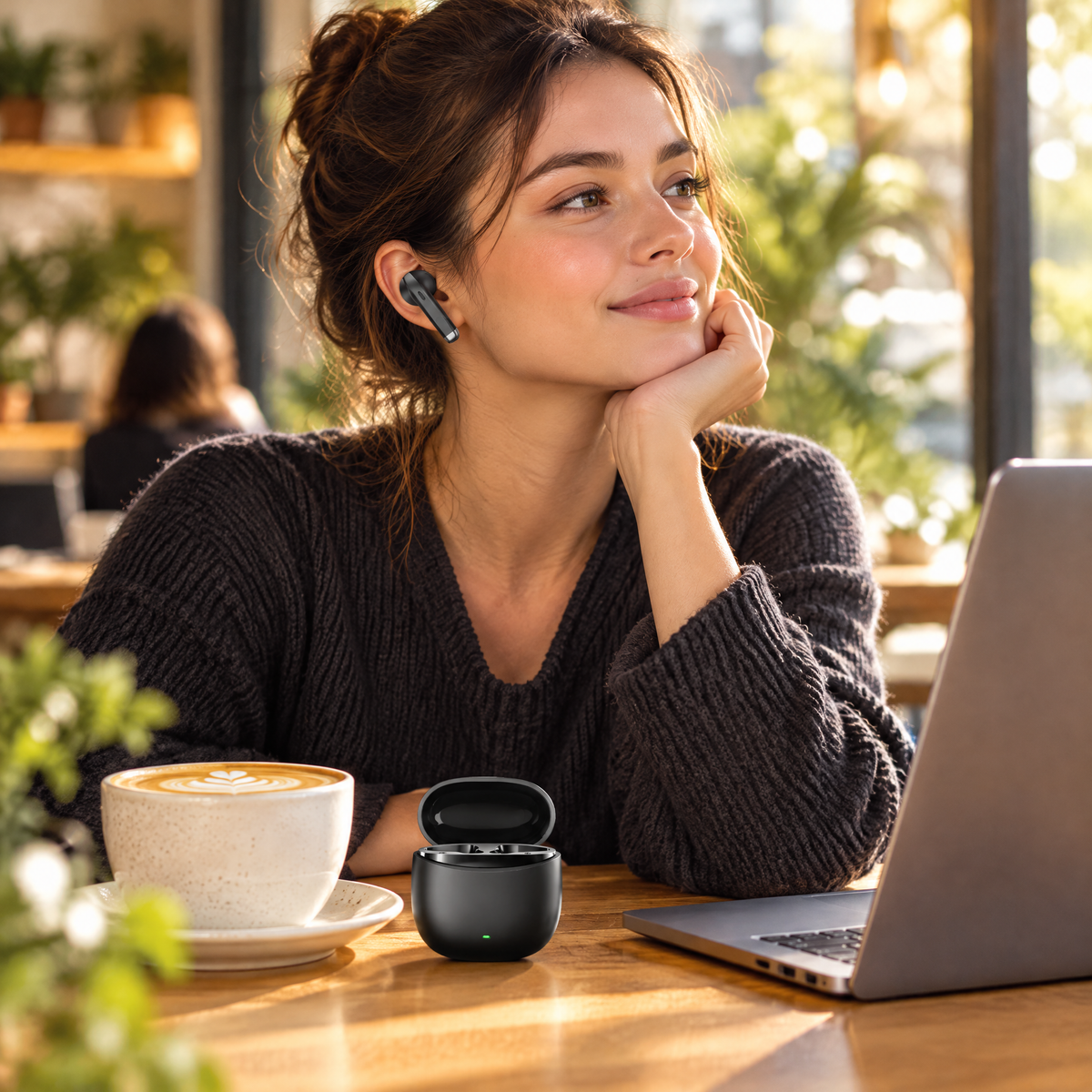 Wireless earbuds worn in a cafe