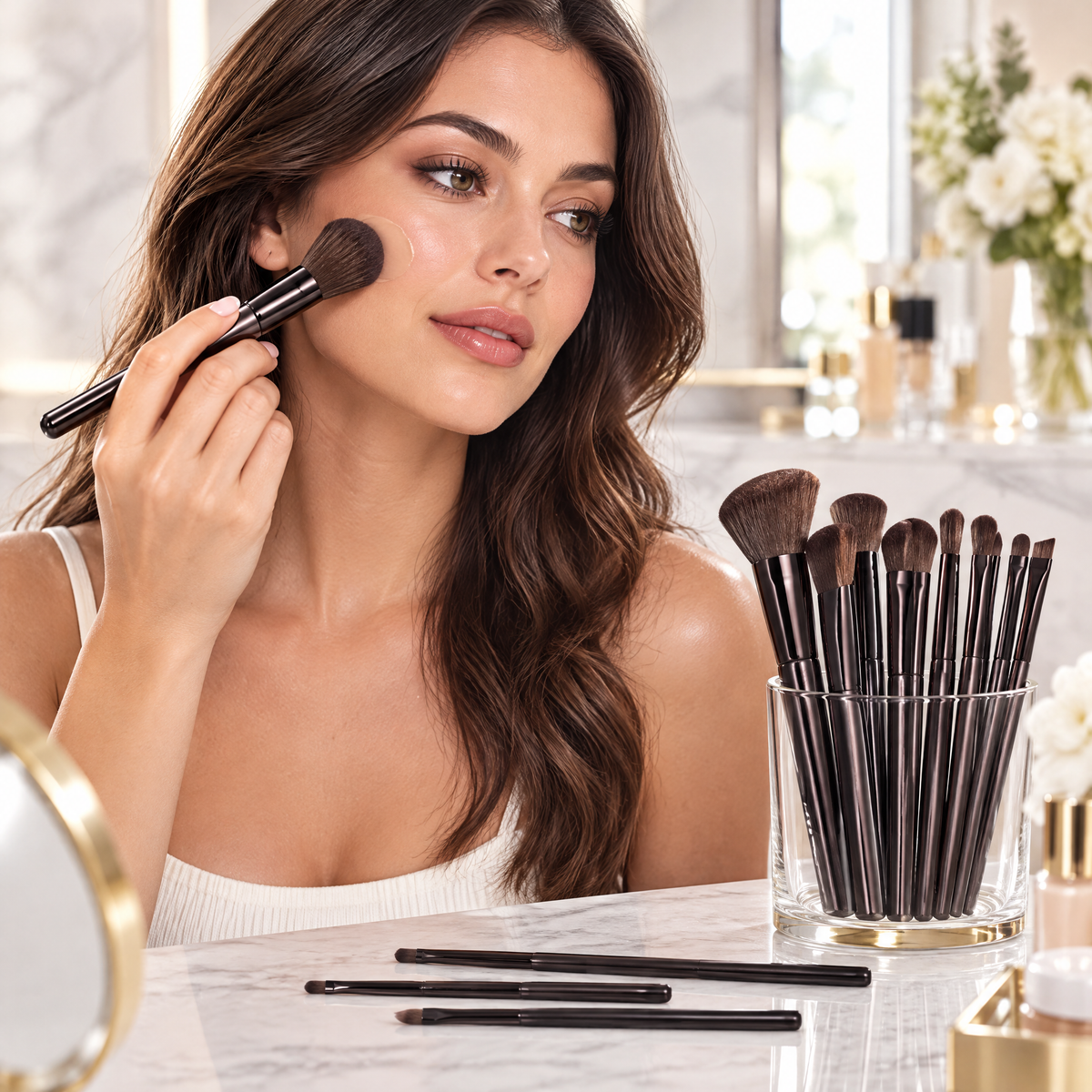 Makeup brush set in use at a vanity