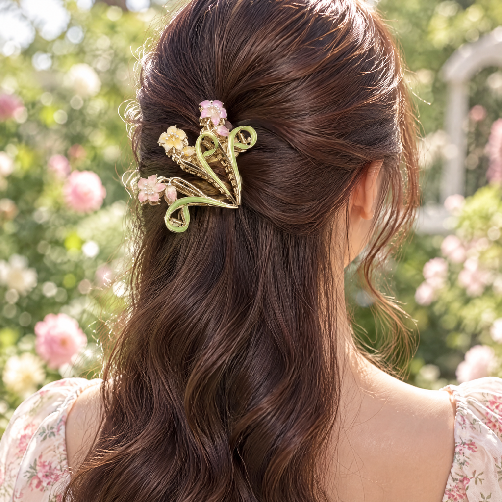 Metal flower hair clip worn
