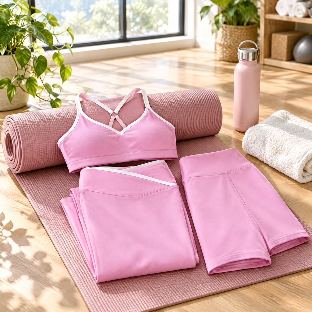 V-waist yoga set styled in a yoga studio