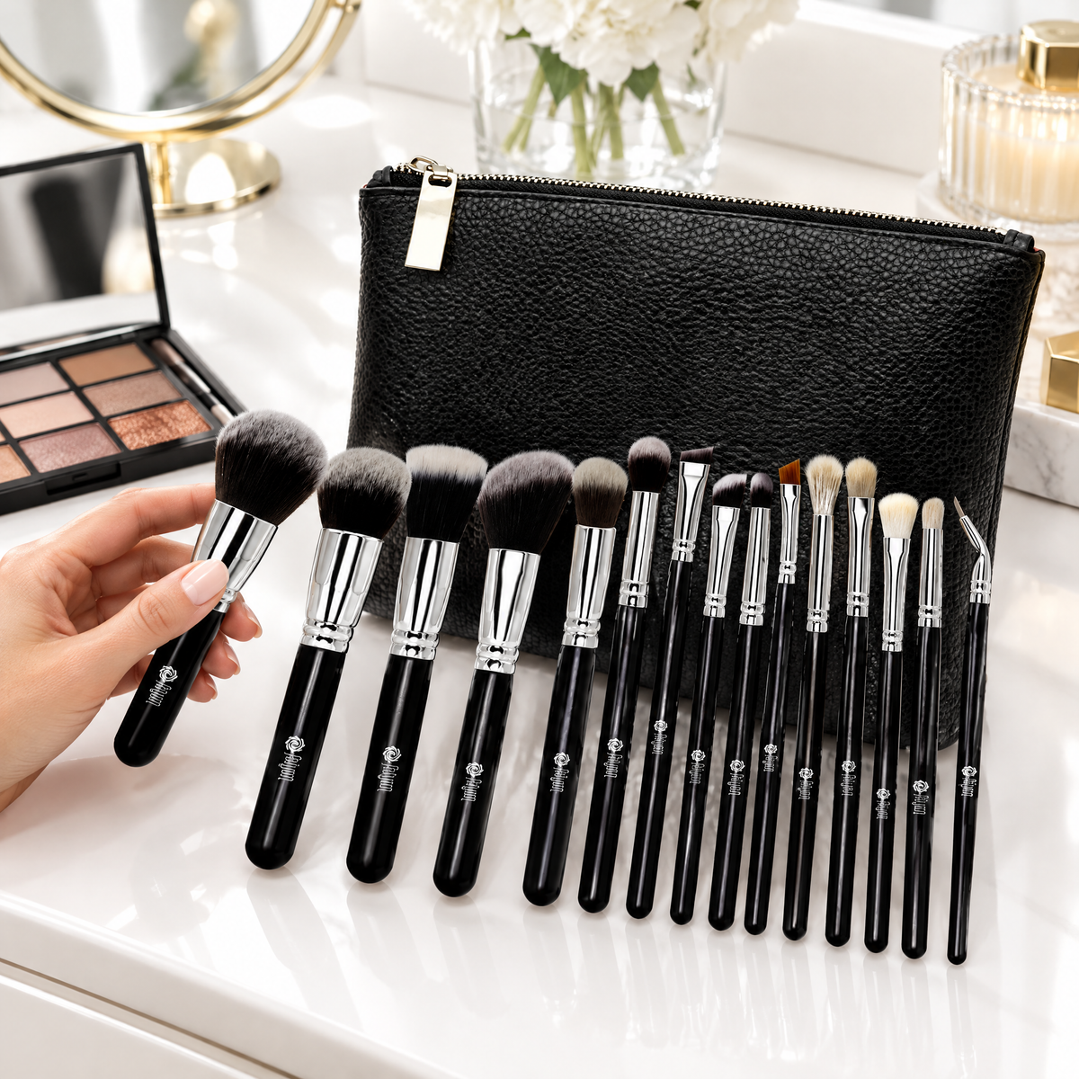 15 piece makeup brush set on a vanity