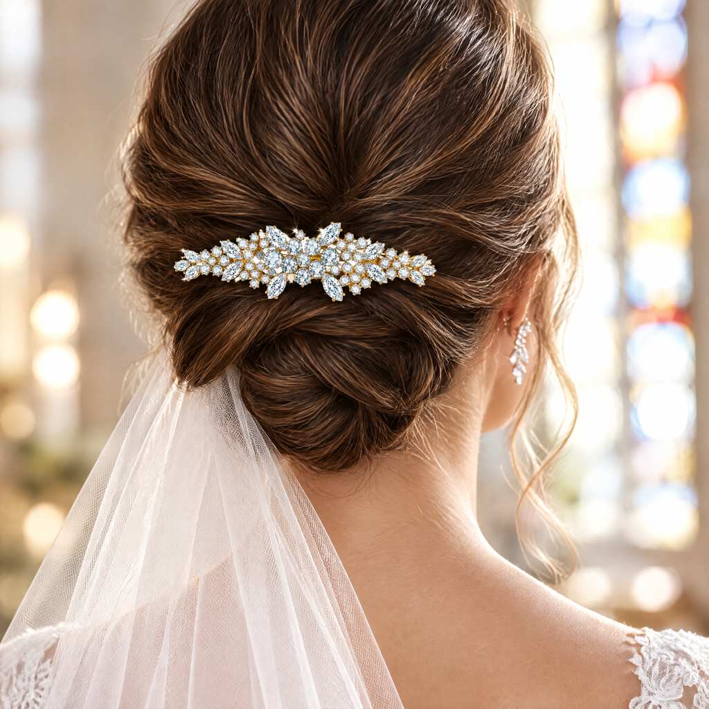 Cubic zirconia bridal hair pin worn