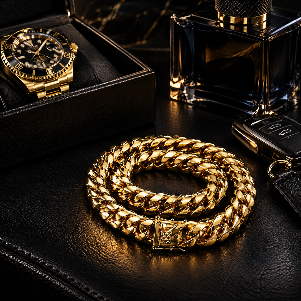 Men's gold Cuban link chain styled on leather