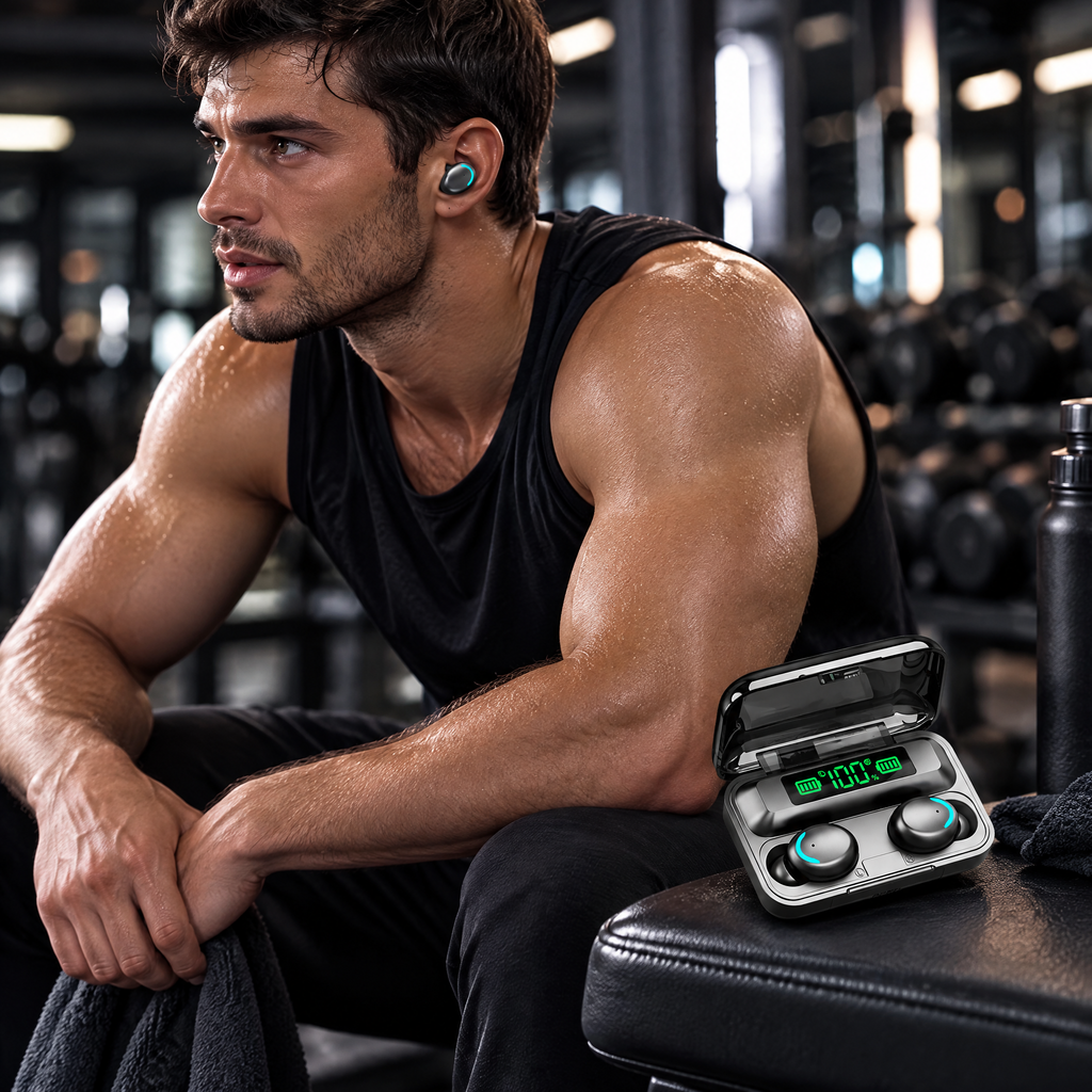 Wireless earbuds with LED case at the gym