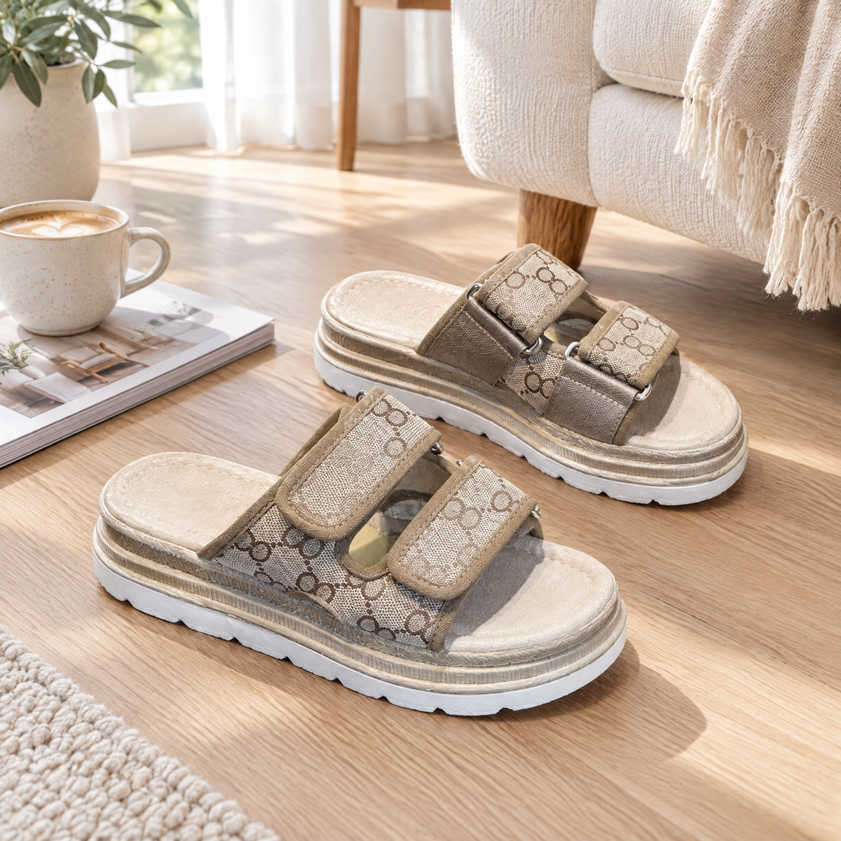 Platform slippers in a bright living room