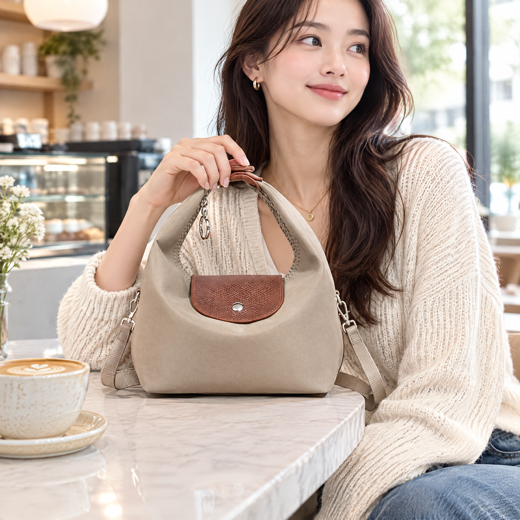 Braided nylon dumpling bag in a cafe